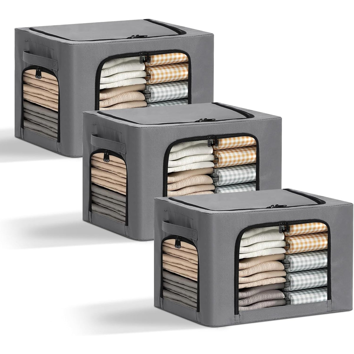 Cutie de Depozitare pentru Haine si Textile, Cadru din Otel Stivuibil cu 3 Ferestre si Fermoar, Material Impermeabil Oxford, 38L, 42 x 30 x 30 cm, Gri Inchis