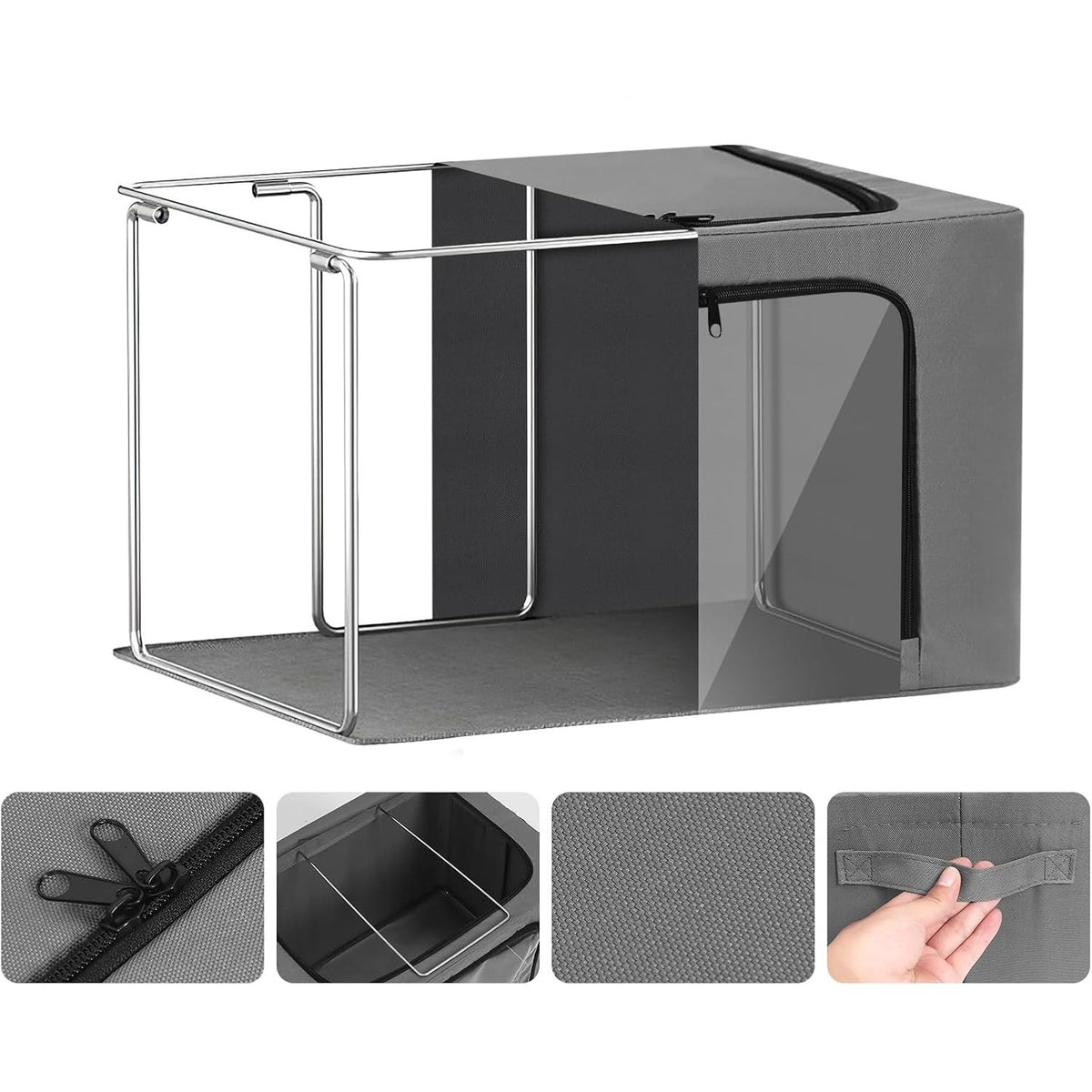 Cutie de Depozitare pentru Haine si Textile, Cadru din Otel Stivuibil cu 3 Ferestre si Fermoar, Material Impermeabil Oxford, 38L, 42 x 30 x 30 cm, Gri Inchis