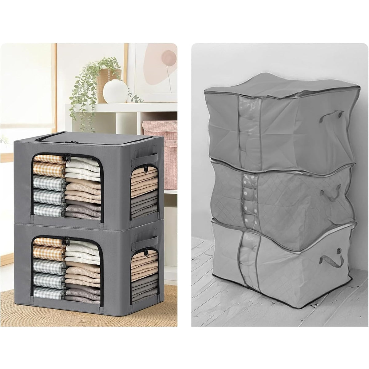 Cutie de Depozitare pentru Haine si Textile, Cadru din Otel Stivuibil cu 3 Ferestre si Fermoar, Material Impermeabil Oxford, 38L, 42 x 30 x 30 cm, Gri Inchis