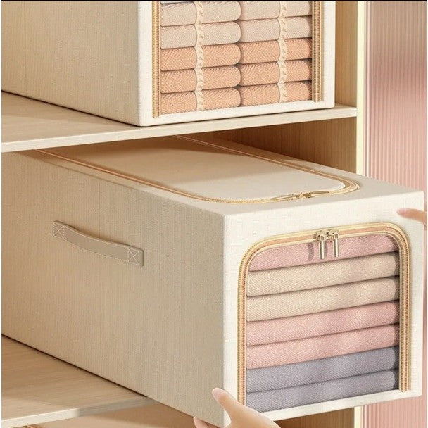 Cutie Depozitare Haine si Jucarii, Organizator Pliabil cu Cadru Otel si Fereastra, Bumbac si In, 49L, 47 x 35 x 30 cm, Kaki