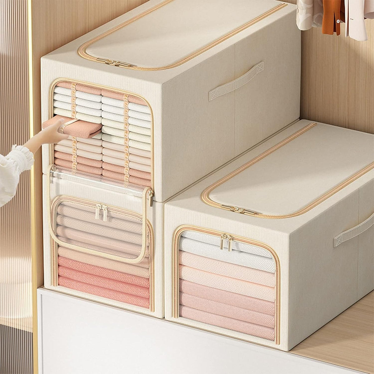 Cutie de Depozitare Pliabila cu Cadru din Otel si Fereastra Transparenta, Organizator Haine si Jucarii, Textil din In si Bumbac, 31L, 45 x 30 x 23 cm, Kaki