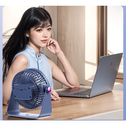 Ventilator Portabil 2 in 1 de Masa si Perete, 5 Trepte de Viteza, Silentios cu Incarcare USB Type-C, Acumulator 1200 mAh, Autonomie 6 Ore, Plastic, 17.5 x 17 x 7.6 cm, Albastru Fumuriu