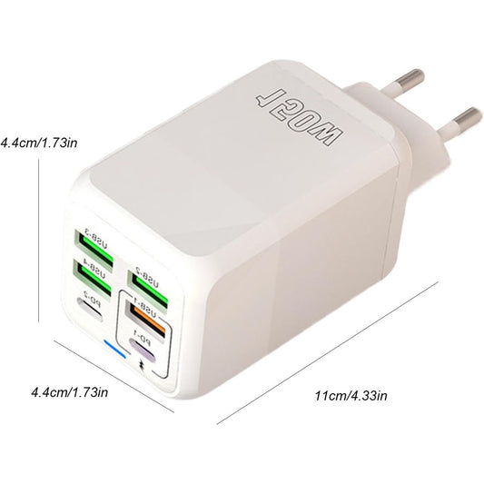 Incarcator Multifunctional Fast Charge 150W, Adaptor Retea cu 6 Porturi, 2 x USB Type-C PD si 4 x USB, Protectie Supratensiune, Indicator LED, Alb