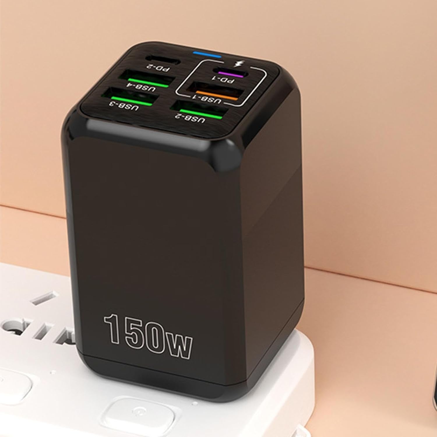Incarcator Retea Multifunctional, 150W, 6 Porturi (2 x USB-C PD + 4 x USB-A), Incarcare Rapida Fast Charge, Adaptor Universal cu Indicator LED, Plastic Rezistent, 4.4 x 4.4 x 11 cm, Negru