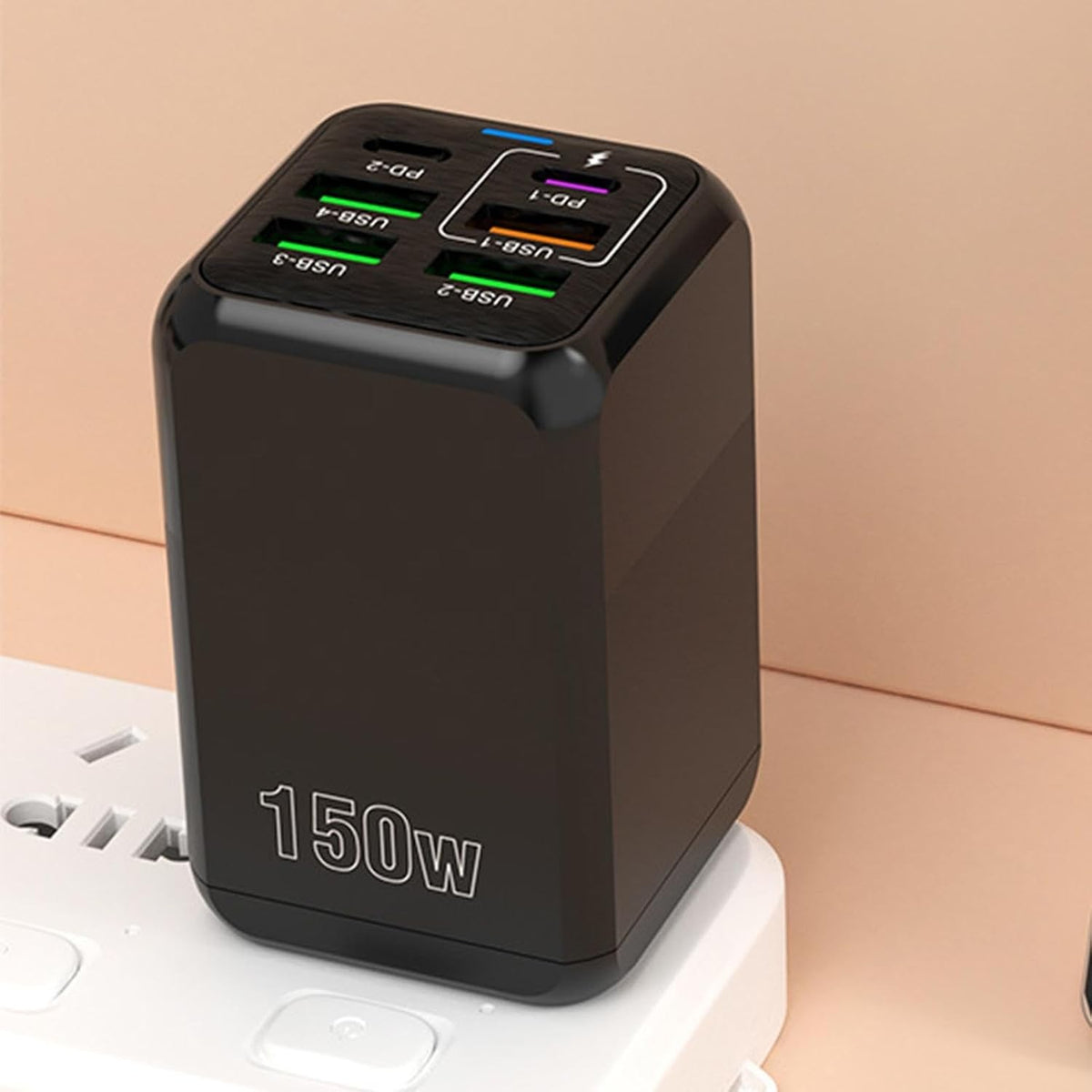 Incarcator Retea Multifunctional, 150W, 6 Porturi (2 x USB-C PD + 4 x USB-A), Incarcare Rapida Fast Charge, Adaptor Universal cu Indicator LED, Plastic Rezistent, 4.4 x 4.4 x 11 cm, Negru