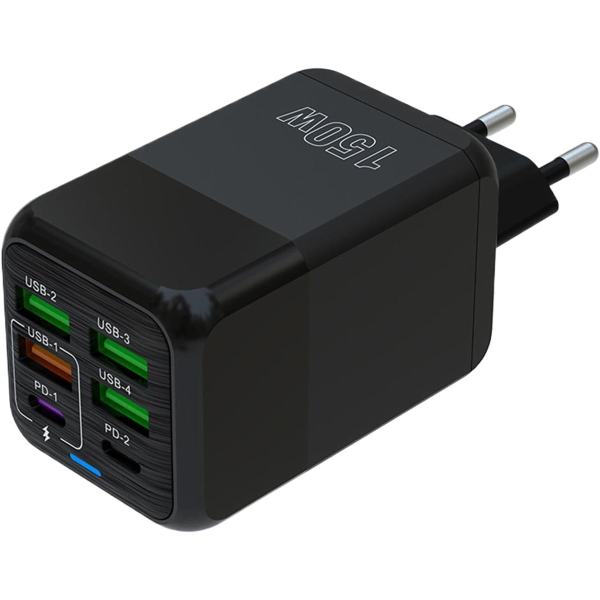 Incarcator Retea Multifunctional, 150W, 6 Porturi (2 x USB-C PD + 4 x USB-A), Incarcare Rapida Fast Charge, Adaptor Universal cu Indicator LED, Plastic Rezistent, 4.4 x 4.4 x 11 cm, Negru