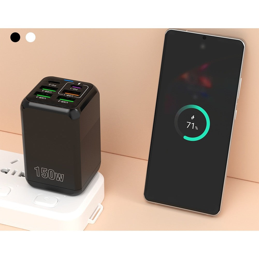 Incarcator Retea Multifunctional, 150W, 6 Porturi (2 x USB-C PD + 4 x USB-A), Incarcare Rapida Fast Charge, Adaptor Universal cu Indicator LED, Plastic Rezistent, 4.4 x 4.4 x 11 cm, Negru