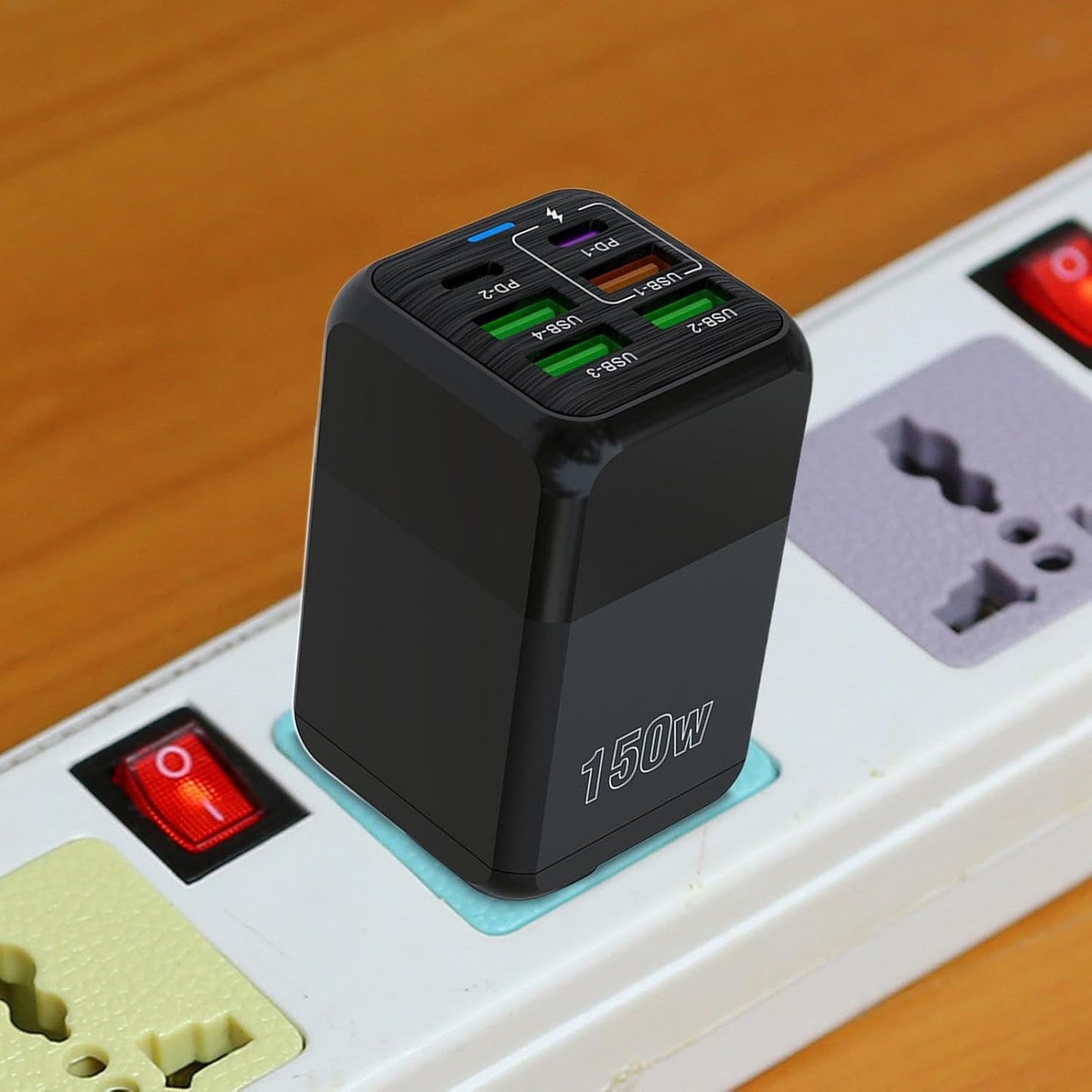 Incarcator Retea Multifunctional, 150W, 6 Porturi (2 x USB-C PD + 4 x USB-A), Incarcare Rapida Fast Charge, Adaptor Universal cu Indicator LED, Plastic Rezistent, 4.4 x 4.4 x 11 cm, Negru