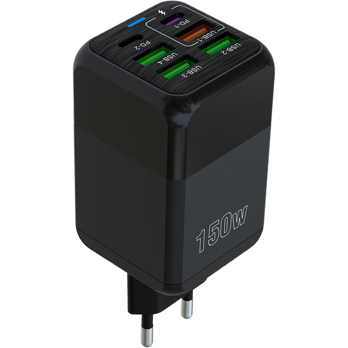 Incarcator Retea Multifunctional, 150W, 6 Porturi (2 x USB-C PD + 4 x USB-A), Incarcare Rapida Fast Charge, Adaptor Universal cu Indicator LED, Plastic Rezistent, 4.4 x 4.4 x 11 cm, Negru