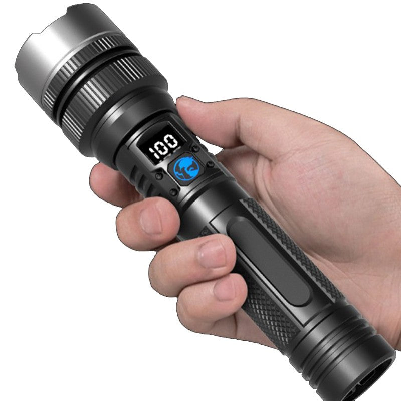 Lanterna Profesionala LED cu Zoom Telescopic, Functie Power Bank si Incarcare USB-C, 3 Moduri Iluminare, Aluminiu si ABS, 1800 mAh, 17 x 4 x 3 cm, Negru