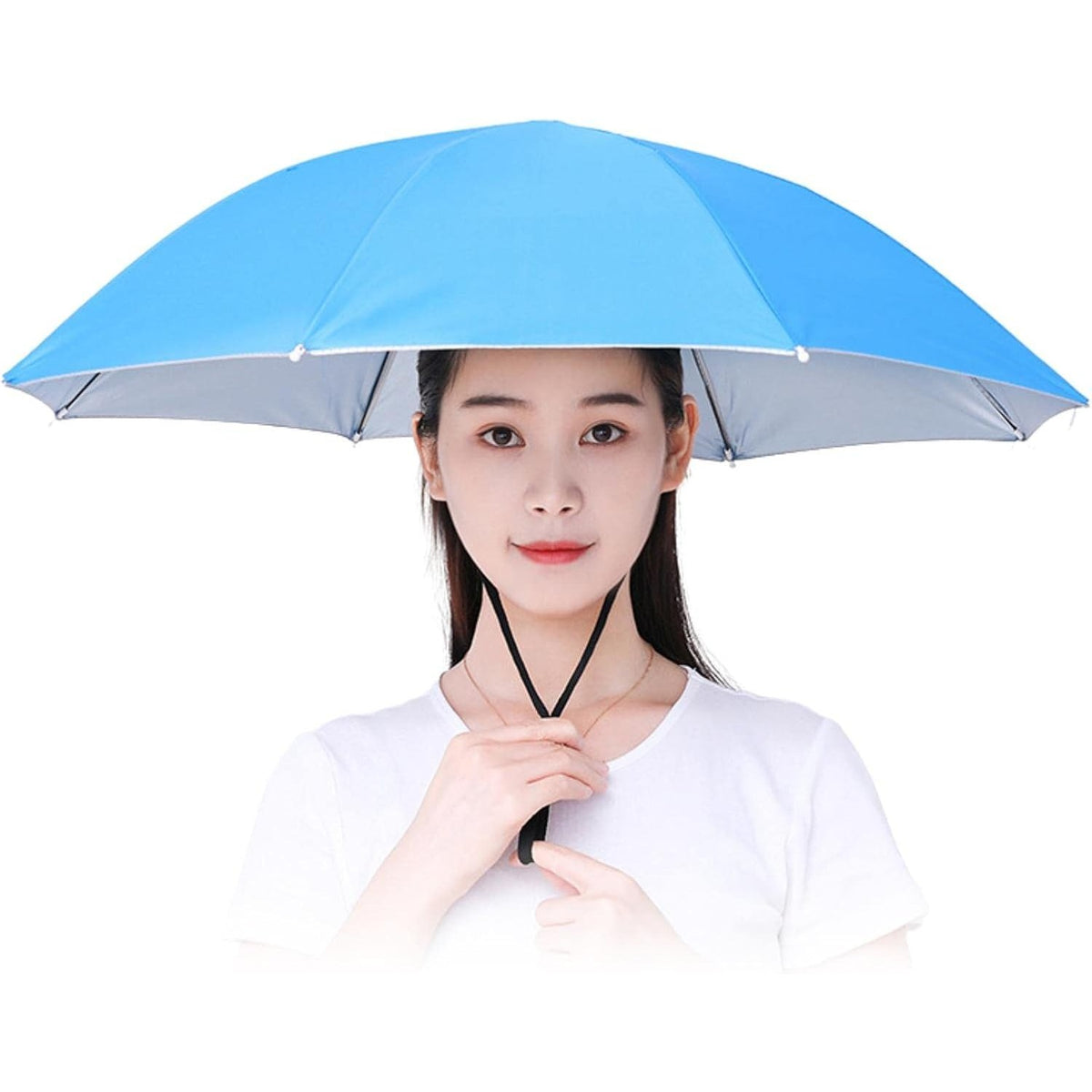 Umbrela de Cap pentru Pescuit si Activitati Outdoor, Protectie UV si Ploaie, Banda Elastica Reglabila, Cadru Otel, Tesatura Vinil, Diametru 69 cm, Albastru
