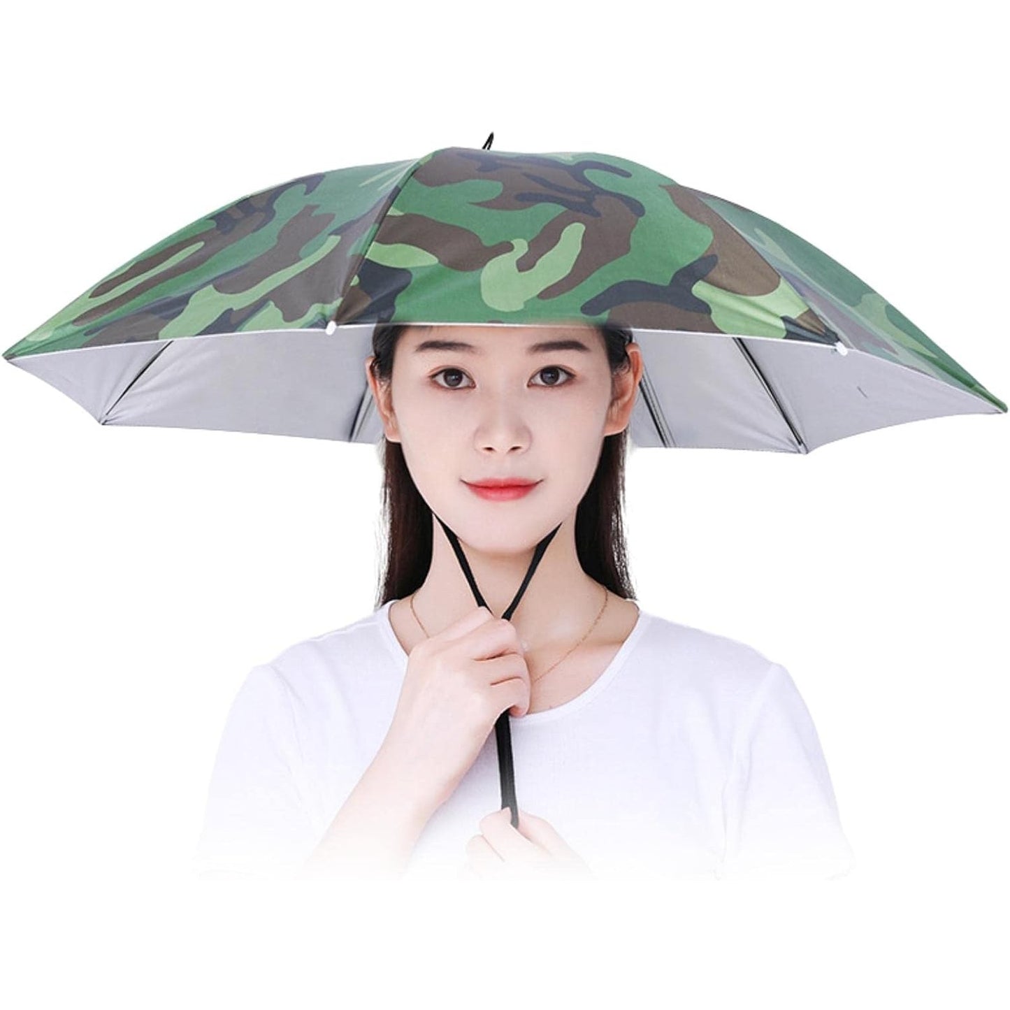 Umbrela de Cap pentru Pescuit si Drumetii, Protectie UV si Ploaie, Cadru Otel cu 8 Spite, Material Vinil, Snur Reglabil, Diametru 69 cm, Camuflaj