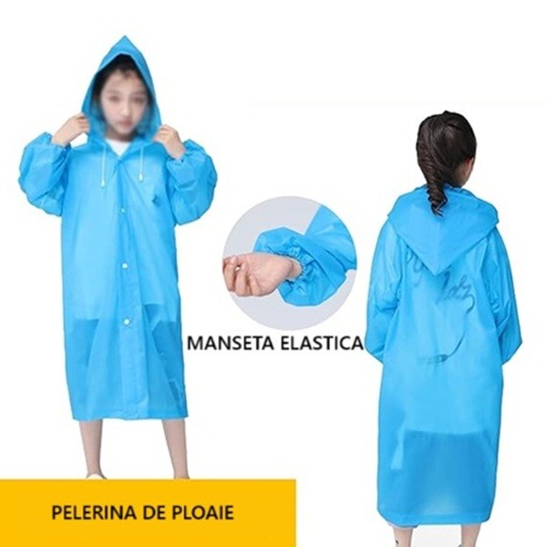 Pelerina de Ploaie pentru Copii, Impermeabila cu Gluga si Mansete Elastice, Material EVA, Unisex, 100-145 cm, Albastru