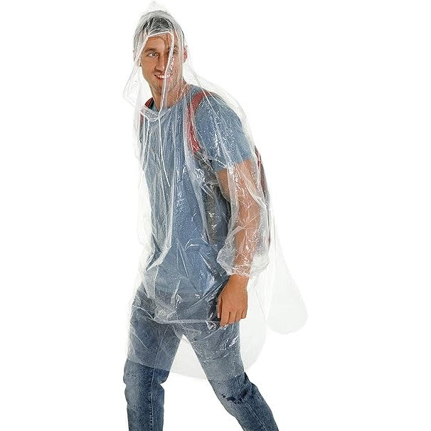 Pelerină de Ploaie pentru Adulți, Tip Poncho Impermeabil cu Glugă și Șnur, Material Plastic de Unică Folosință, 150 x 90 cm, 30 g, Transparent