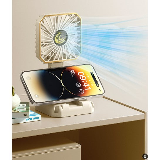 Ventilator Portabil 3-In-1, Pentru Gat Si Birou Cu Suport Telefon, Pliabil 180 Grade, Incarcare USB, 3 Trepte De Viteza, Material ABS, 14 x 7 cm, Alb