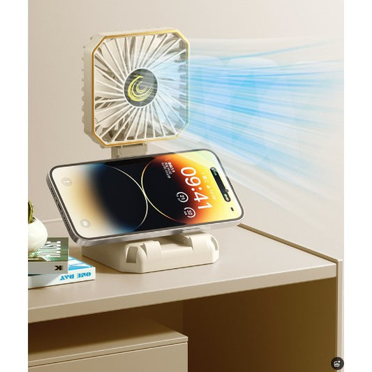 Ventilator Portabil 3-In-1, Pentru Gat Si Birou Cu Suport Telefon, Pliabil 180 Grade, Incarcare USB, 3 Trepte De Viteza, Material ABS, 14 x 7 cm, Alb