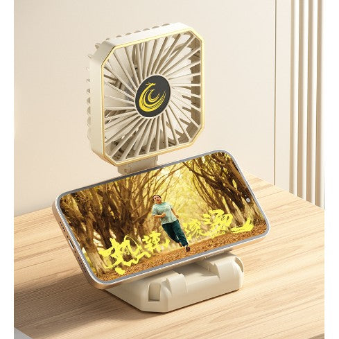 Ventilator Portabil 3-In-1, Mini Ventilator de Gat si Birou, Pliabil 180 Grade cu Suport Telefon, Incarcare USB, ABS, 3 Viteze, Bej