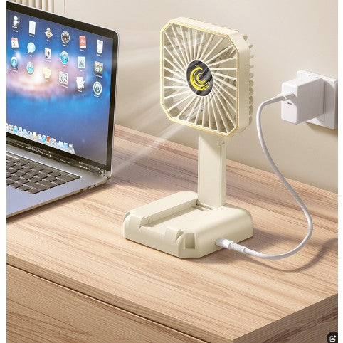 Ventilator Portabil 3-In-1, Mini Ventilator de Gat si Birou, Pliabil 180 Grade cu Suport Telefon, Incarcare USB, ABS, 3 Viteze, Bej