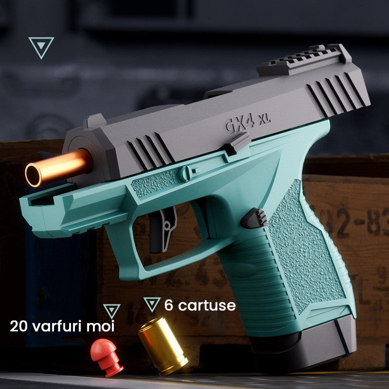 Pistol de Jucarie GX4 XL, Blaster cu Mecanism de Ejectie Cartuse si Blowback, 20 Gloante din Spuma Moale si 6 Tuburi, 15 x 13 x 3.5 cm, Negru/Verde