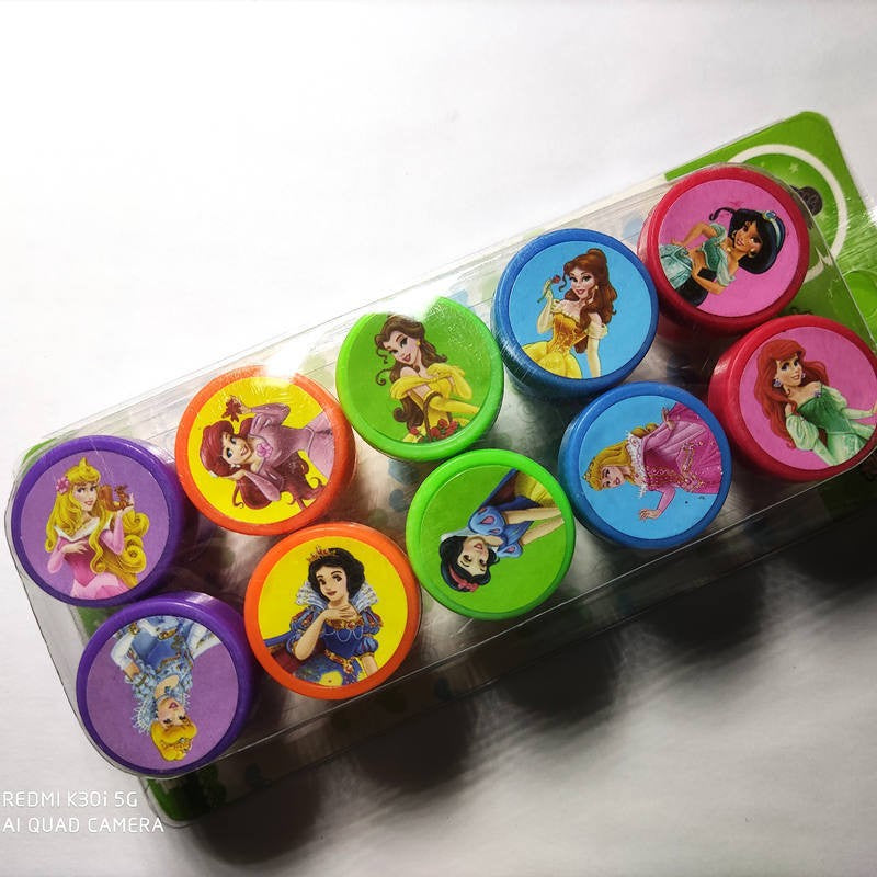 Set 10 Stampile pentru Copii, Model Printese din Desene, cu Cerneala Inclusa, Material Plastic si EVA, 4-6 Ani, Multicolor, 20 x 5 x 2 cm