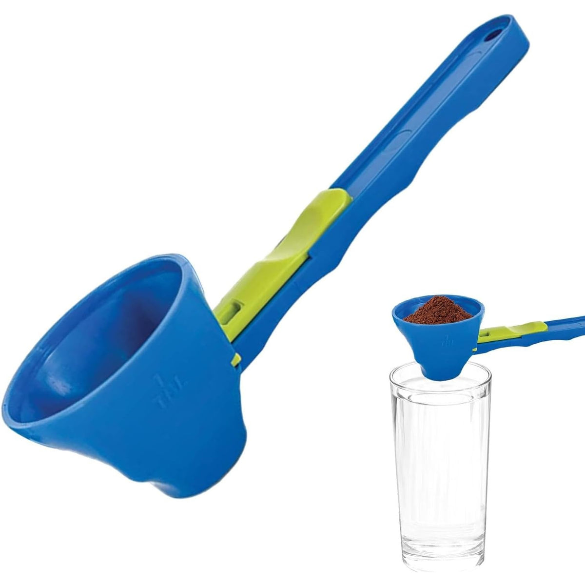 Lingura Gradata Tip Palnie, Dozator pentru Lapte Praf si Pudra Proteica, Coada Lunga pentru Recipiente Adanci, Plastic Durabil, 8 x 8 x 3 cm, Albastru/Verde