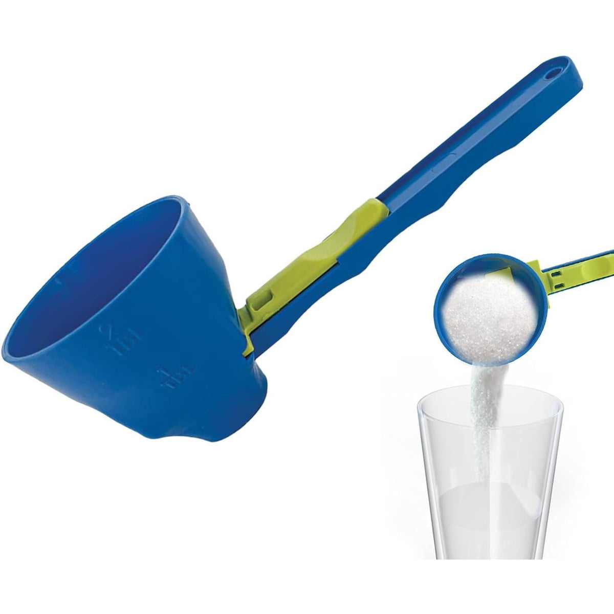 Lingura Gradata Tip Palnie, Dozator pentru Lapte Praf si Pudra Proteica, Coada Lunga pentru Recipiente Adanci, Plastic Durabil, 8 x 8 x 3 cm, Albastru/Verde
