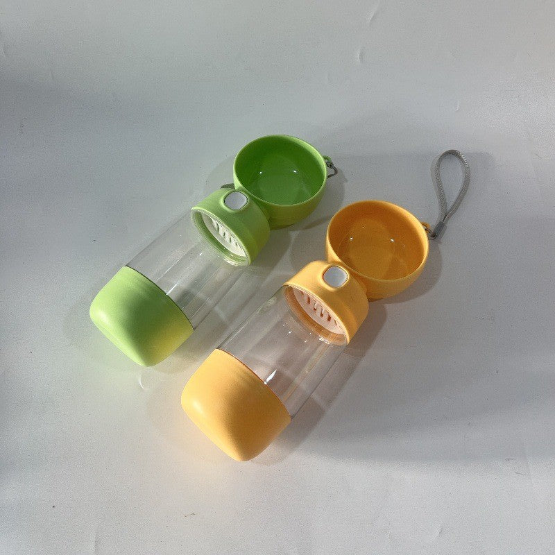 Sticla Portabila 2 in 1 pentru Apa si Hrana Caini si Pisici, Dispenser cu Buton si Garnitura Anti-Scurgere, ABS, 400 ml si 182 ml, Verde