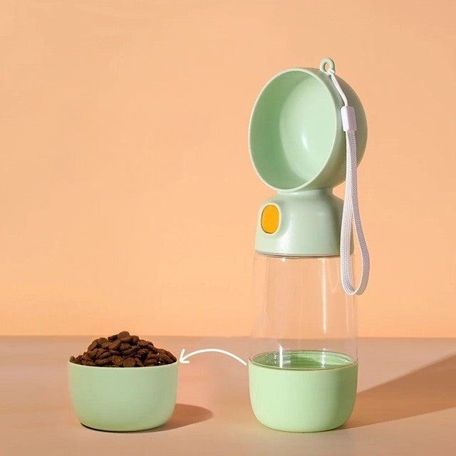 Sticla Portabila 2 in 1 pentru Apa si Hrana Caini si Pisici, Dispenser cu Buton si Garnitura Anti-Scurgere, ABS, 400 ml si 182 ml, Verde