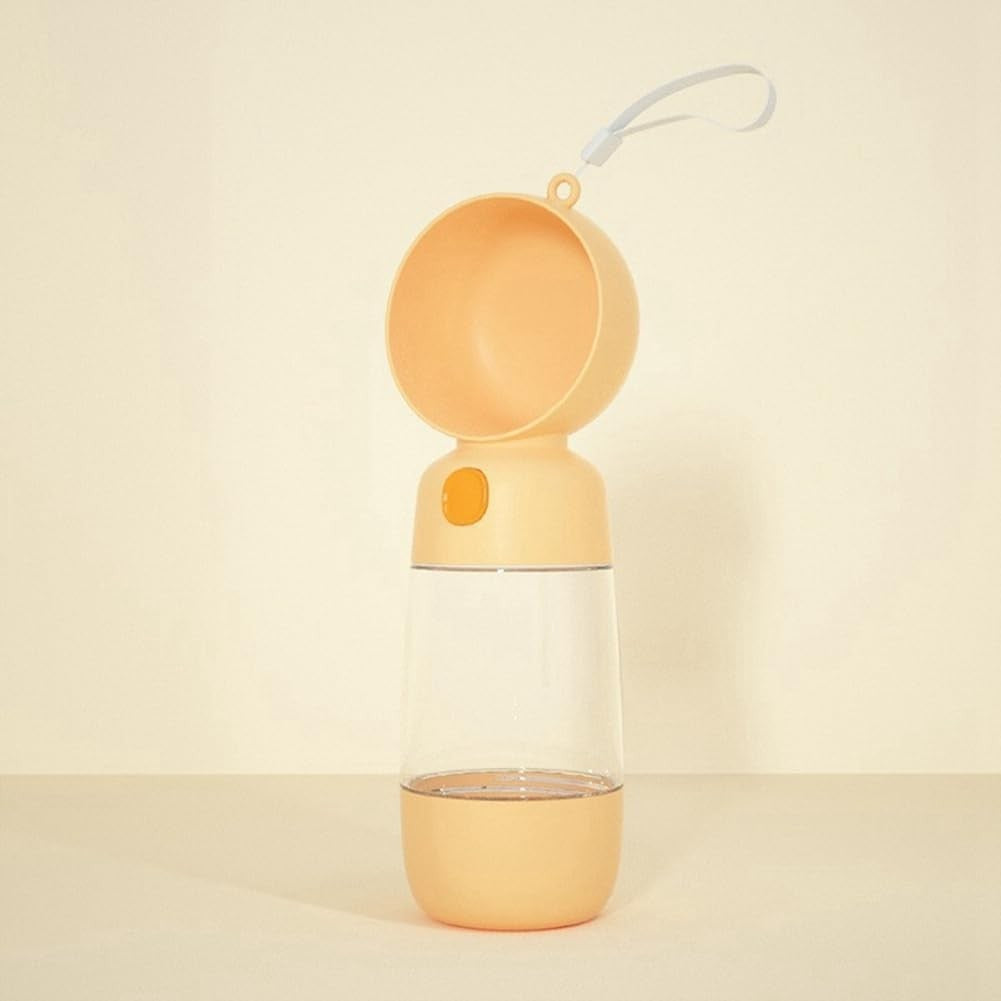 Sticla Portabila 2 in 1 pentru Apa si Hrana Caini si Pisici, Dozator cu Buton si Maner, Plastic ABS, 400 ml si 182 ml, Galben