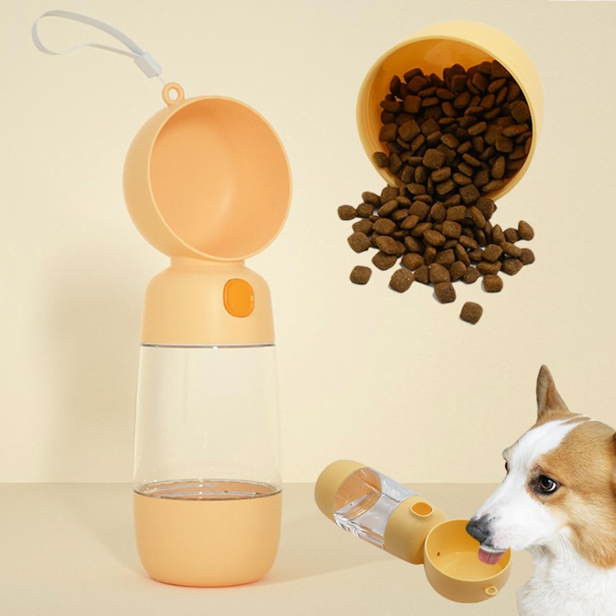 Sticla Portabila 2 in 1 pentru Apa si Hrana Caini si Pisici, Dozator cu Buton si Maner, Plastic ABS, 400 ml si 182 ml, Galben