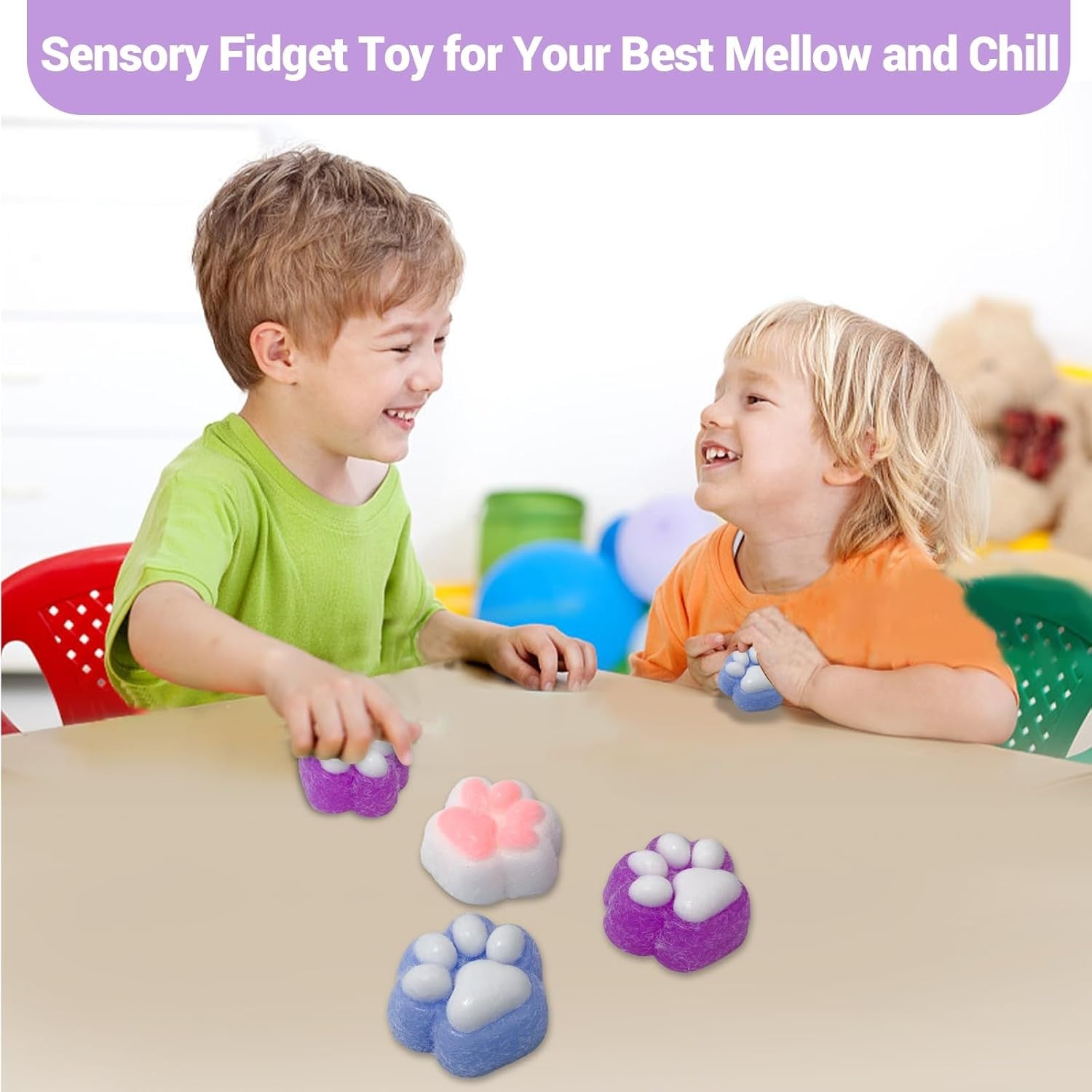 Jucarie Antistres Squishy, Labuta de Pisica Pufoasa cu Revenire Lenta, Squeeze Pinch Family pentru Relaxare si Concentrare, Silicon Moale, 6x6 cm, 72g, Mov-Alb