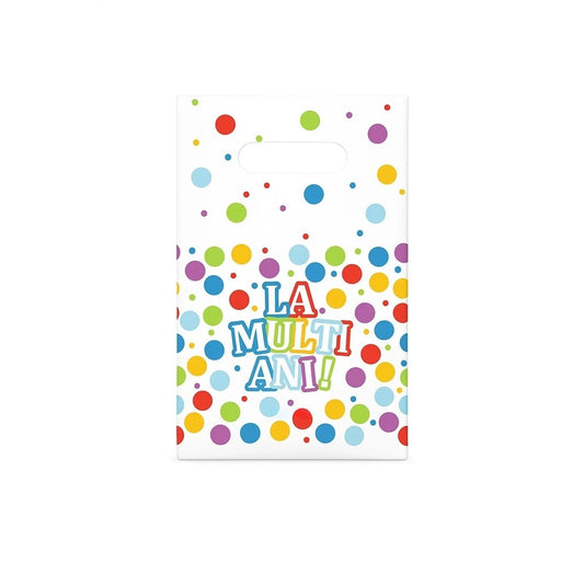 Set 10 Pungi Cadou Aniversare, Model La Multi Ani cu Buline, Maner Decupat, Plastic Rezistent, Multicolor, 16.5 x 25 cm