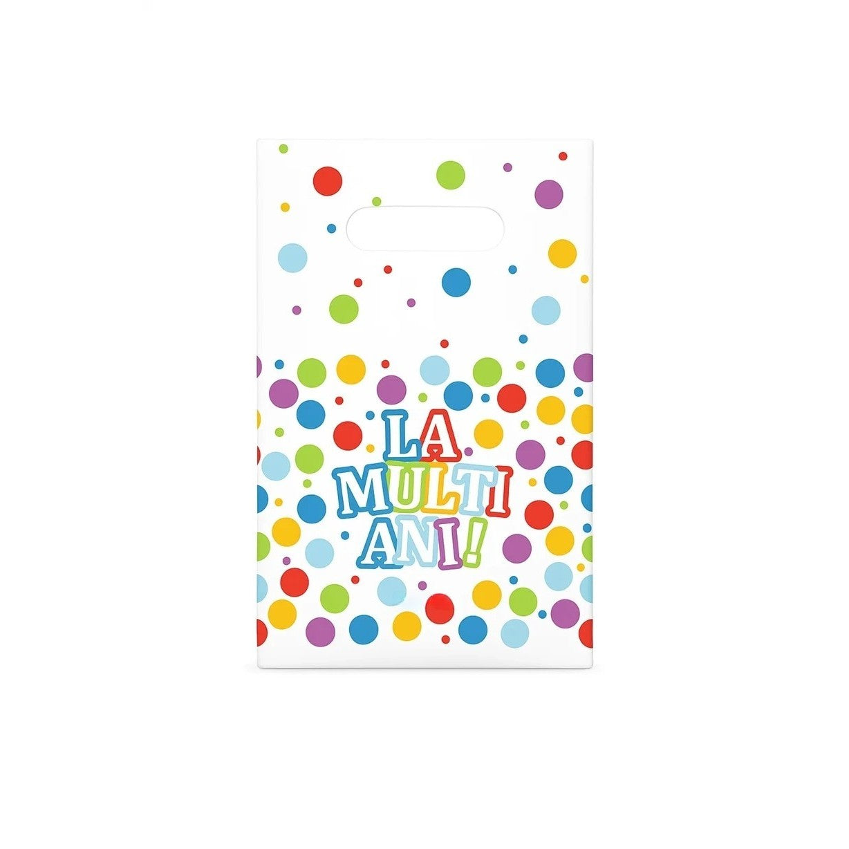 Set 10 Pungi Cadou Aniversare, Model La Multi Ani cu Buline, Maner Decupat, Plastic Rezistent, Multicolor, 16.5 x 25 cm