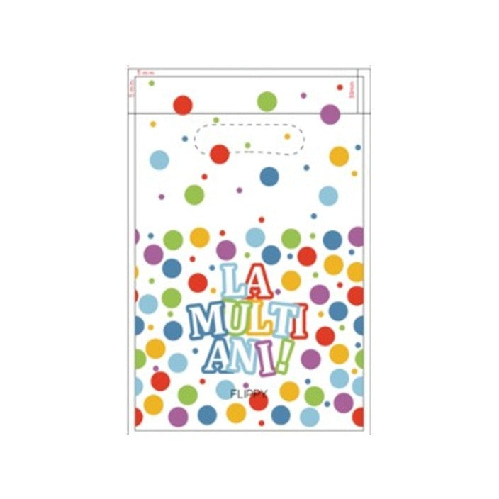 Set 10 Pungi Cadou Aniversare, Model La Multi Ani cu Buline, Maner Decupat, Plastic Rezistent, Multicolor, 16.5 x 25 cm