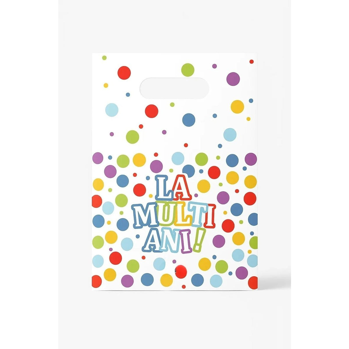 Set 10 Pungi Cadou Aniversare, Model La Multi Ani cu Buline, Maner Decupat, Plastic Rezistent, Multicolor, 16.5 x 25 cm
