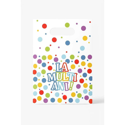 Set 10 Pungi Cadou Aniversare, Model La Multi Ani cu Buline, Maner Decupat, Plastic Rezistent, Multicolor, 16.5 x 25 cm