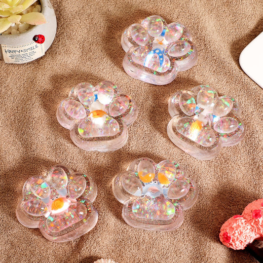 Jucarie Antistres Squishy cu Revenire Lenta, Model Labuta de Pisica Cat Paw, Silicon TPR Moale, Transparent cu Inseritii Ocean, 6.5 x 7 cm, 62 g