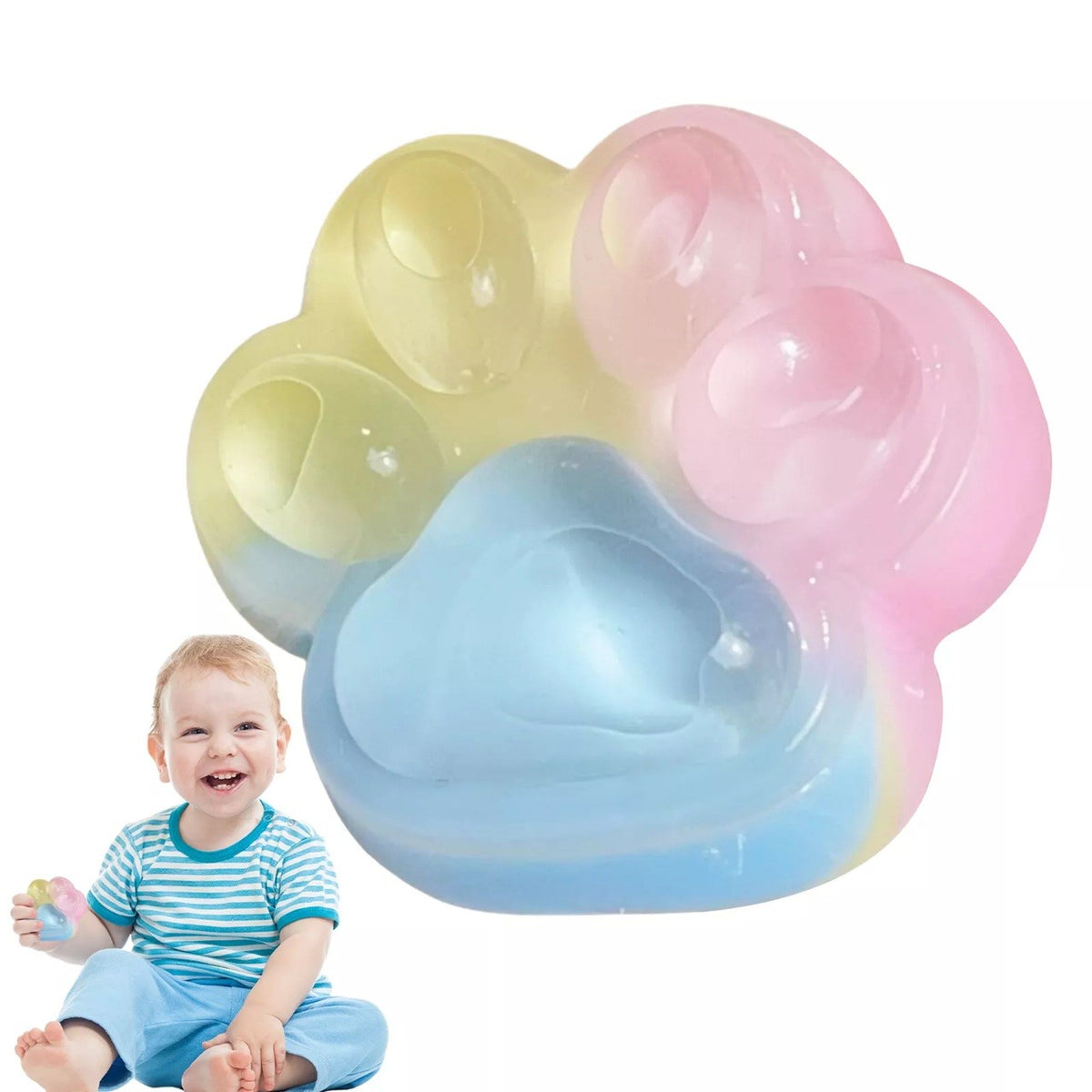 Jucarie Antistres Squishy, Model Labuta de Pisica Cat Paw, Revenire Lenta, Material TPR Flexibil, 6.5 x 6 cm, Multicolor cu Insertii Curcubeu