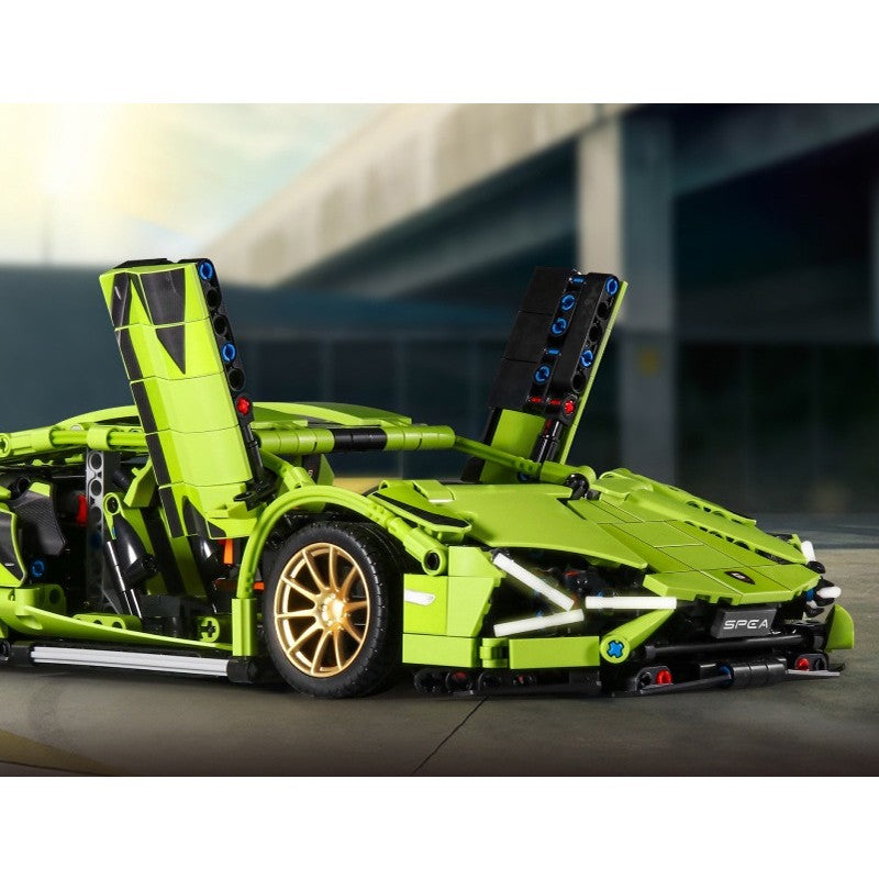 Joc de Construit Masina Sport Lamborghini, Set Educativ Tip Lego, Scara 1:14, Plastic, 1280 Piese, 6 Ani+, Verde