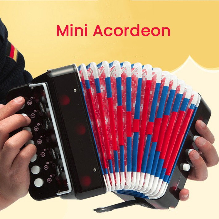 Acordeon Jucarie pentru Copii, Instrument Muzical Educativ, 7 Butoane Melodice si 3 Butoane Bas, Plastic si Burduf Flexibil, 18 x 17 x 10 cm, Negru