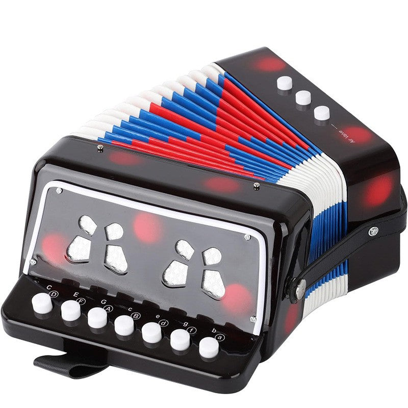 Acordeon Jucarie pentru Copii, Instrument Muzical Educativ, 7 Butoane Melodice si 3 Butoane Bas, Plastic si Burduf Flexibil, 18 x 17 x 10 cm, Negru