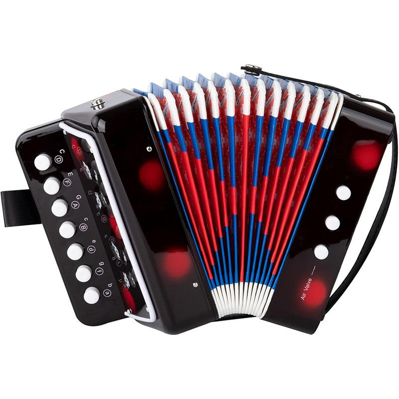 Acordeon Jucarie pentru Copii, Instrument Muzical Educativ, 7 Butoane Melodice si 3 Butoane Bas, Plastic si Burduf Flexibil, 18 x 17 x 10 cm, Negru