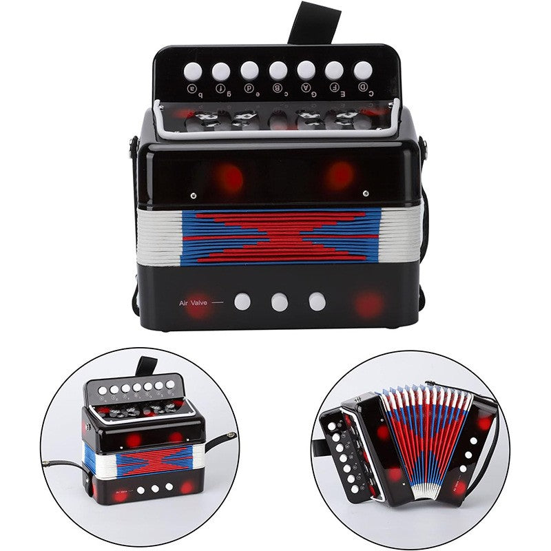 Acordeon Jucarie pentru Copii, Instrument Muzical Educativ, 7 Butoane Melodice si 3 Butoane Bas, Plastic si Burduf Flexibil, 18 x 17 x 10 cm, Negru