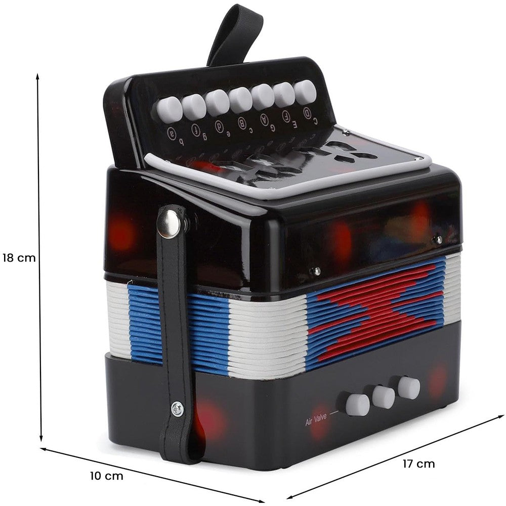 Acordeon Jucarie pentru Copii, Instrument Muzical Educativ, 7 Butoane Melodice si 3 Butoane Bas, Plastic si Burduf Flexibil, 18 x 17 x 10 cm, Negru