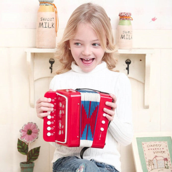 Acordeon Pentru Copii, Instrument Muzical Jucarie Pentru Educatie Timpurie, 7 Butoane Nota Si 2 Bass, Burduf Functional, 18 x 17 x 10 cm, Rosu