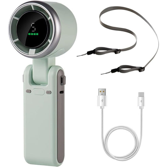 Mini Ventilator Portabil, 5 Trepte De Viteza, Afisaj Digital HD, Unghi Reglabil 180 Grade, Incarcare USB Type-C, Plastic, 5.95 x 5.2 x 17.2 cm, Verde