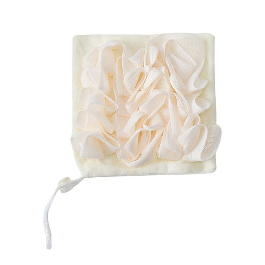 Prosop de Baie 2 in 1 cu Burete din Plasa, Manusa Duala pentru Curatare si Exfoliere, Material Terry si PE, Snur de Agatare, 17 x 17 cm, Alb/Bej