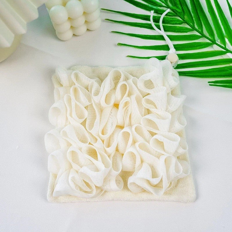 Prosop de Baie 2 in 1 cu Burete din Plasa, Manusa Duala pentru Curatare si Exfoliere, Material Terry si PE, Snur de Agatare, 17 x 17 cm, Alb/Bej