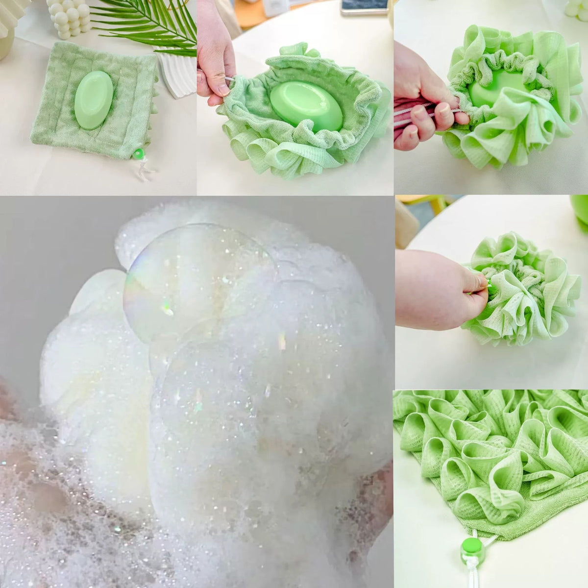 Prosop de Baie 2 in 1 cu Burete din Plasa, Curatare si Exfoliere Fata-Verso, Material PE si Tesatura Terry, 17 x 17 cm, Verde
