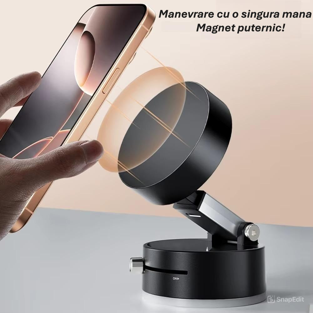 Suport Auto Magnetic Pentru Telefon, Fixare Prin Vid Cu Ventuza, Pliabil Si Retractabil, Rotatie 360 Grade, ABS, Negru